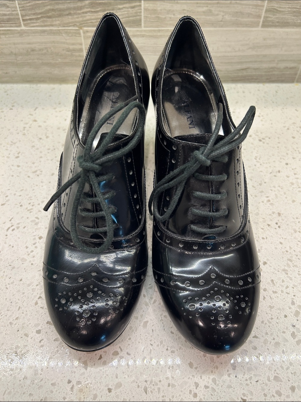 Alfani Ricky Vintage Inspired Wing Tip Oxford Black Patent Leather Heels